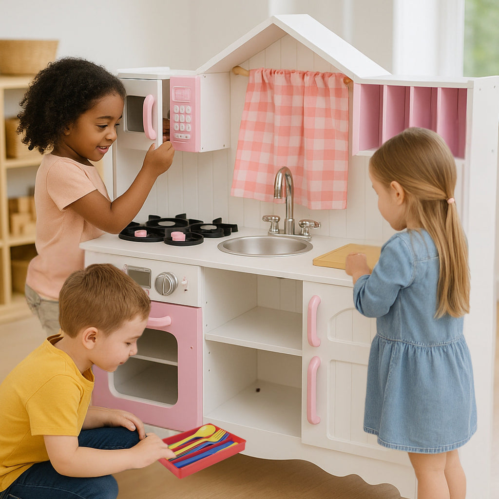 Wooden Play Kitchen with Burners, Sink & Curtains