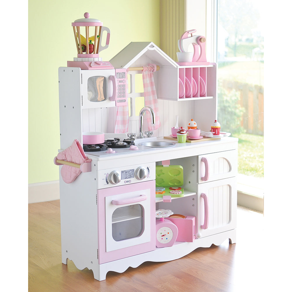 Wooden Play Kitchen with Burners, Sink & Curtains