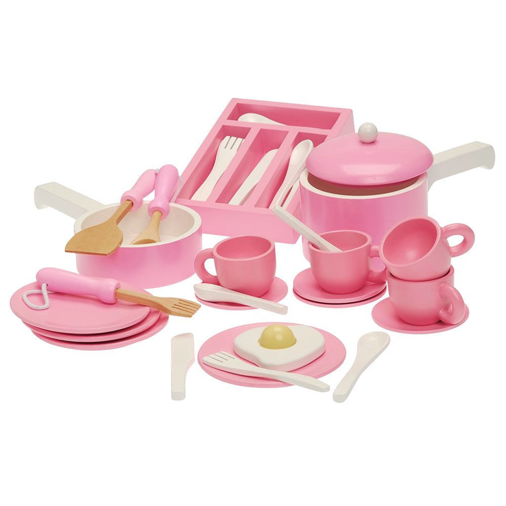 36-Piece Wooden Toy Dishes & Utensils Basics Set | including Pots, Pans