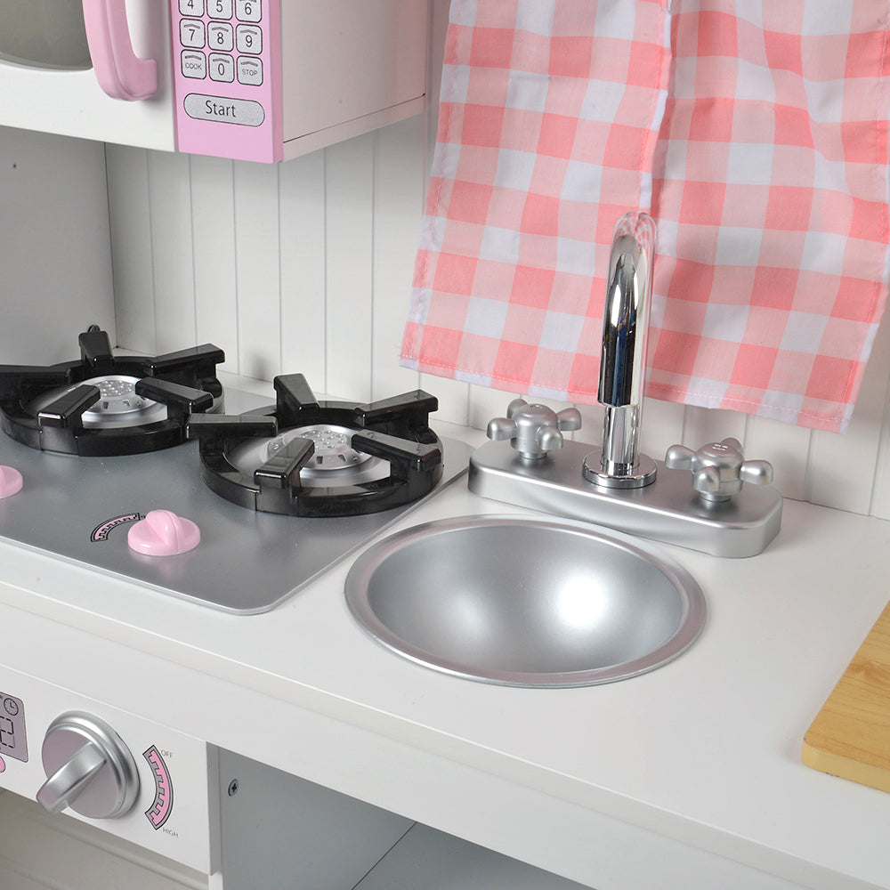Wooden Play Kitchen with Burners, Sink & Curtains